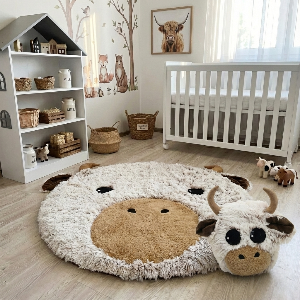 Highland Cow Nursery Rug: Plush Farmhouse Baby Playmat