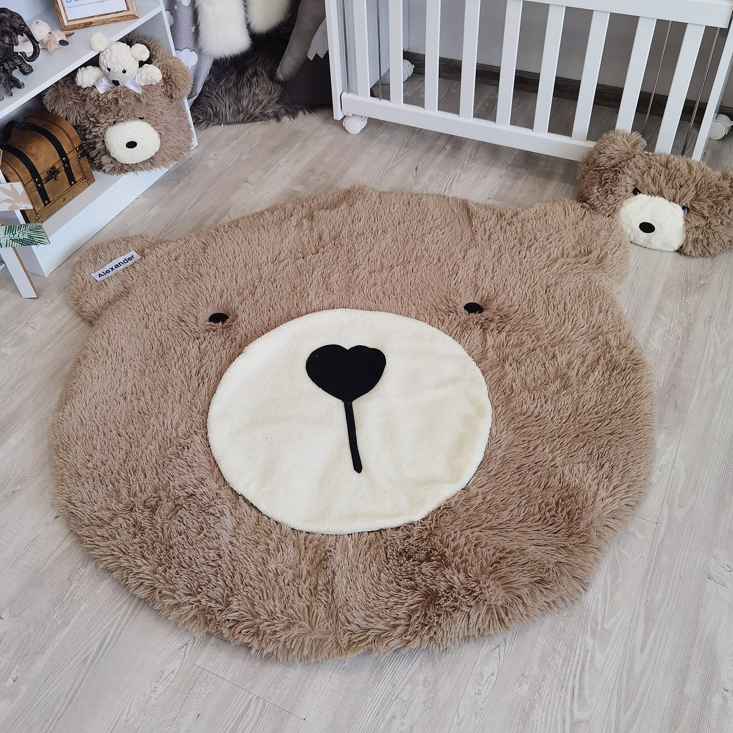 Personalized Fluffy Bear Rug: Taupe Woodland Nursery Decor