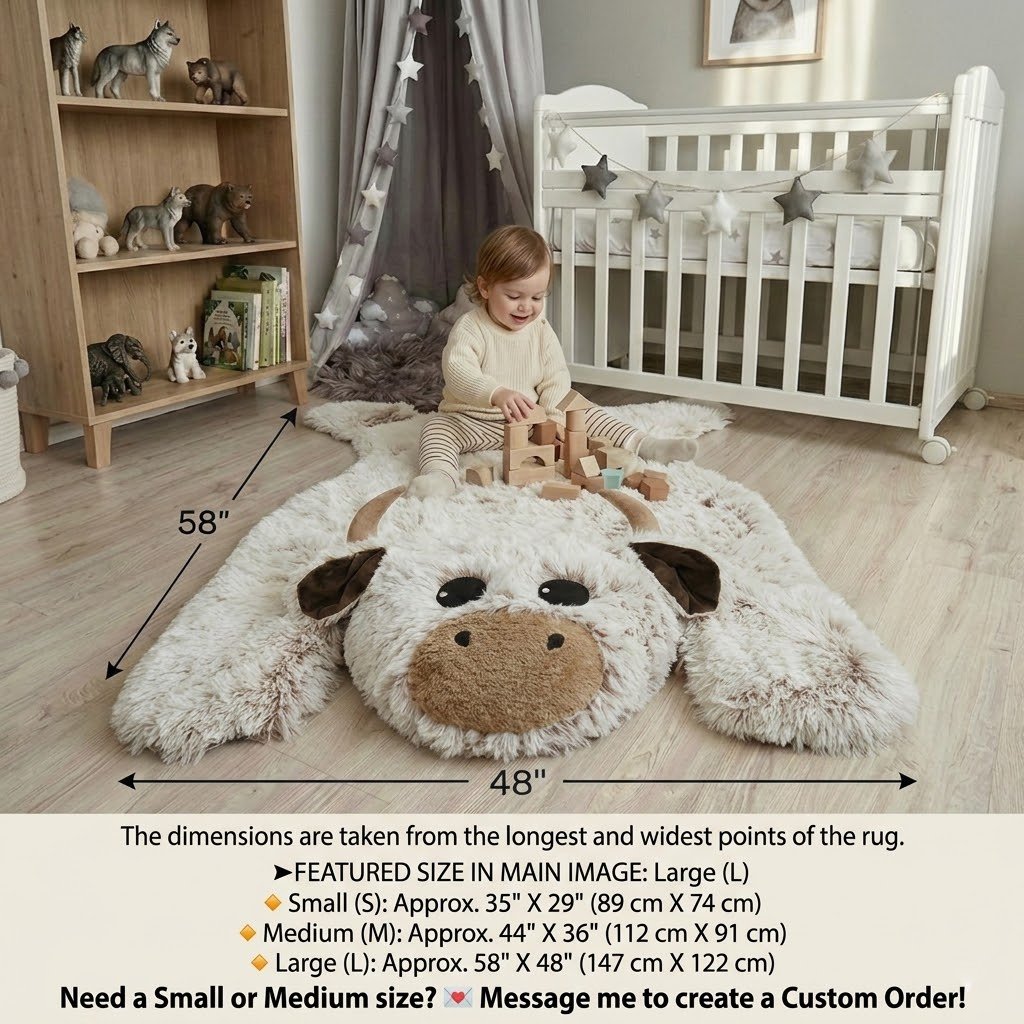 Highland Cow Nursery Rug: Faux Fur Farm Animal Decor