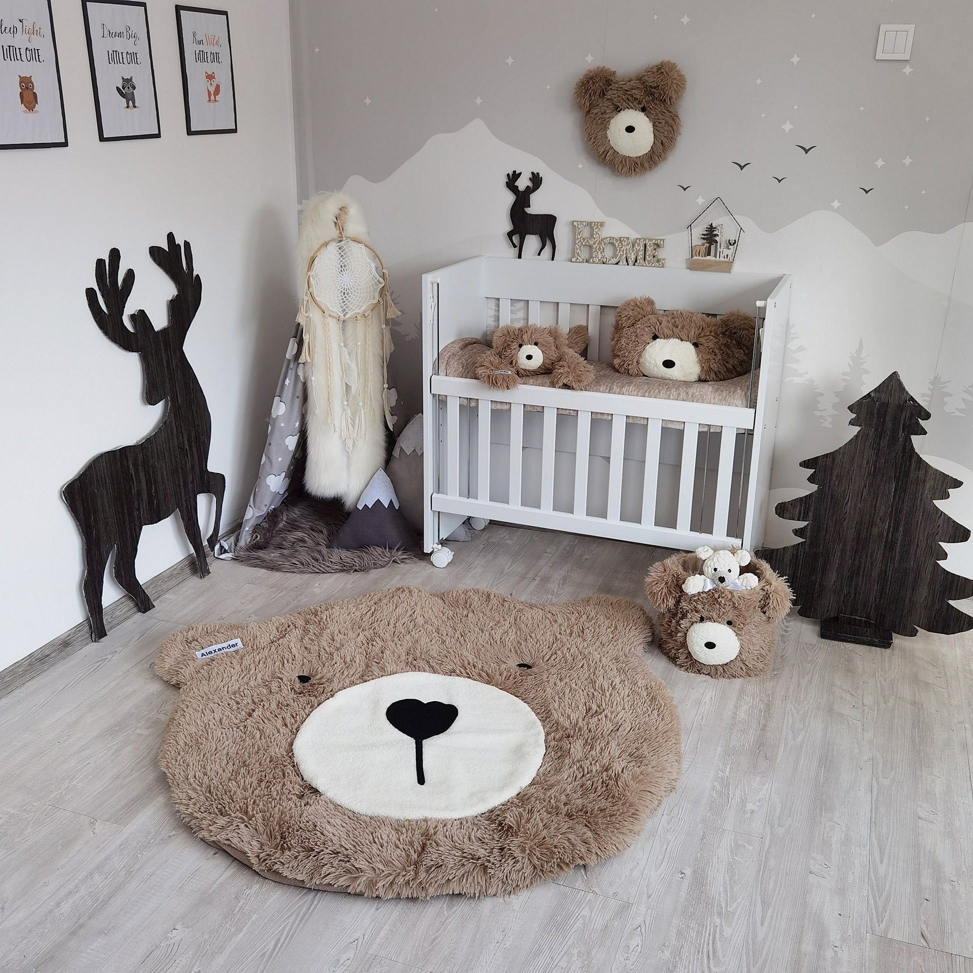 Personalized Fluffy Bear Rug: Taupe Woodland Nursery Decor