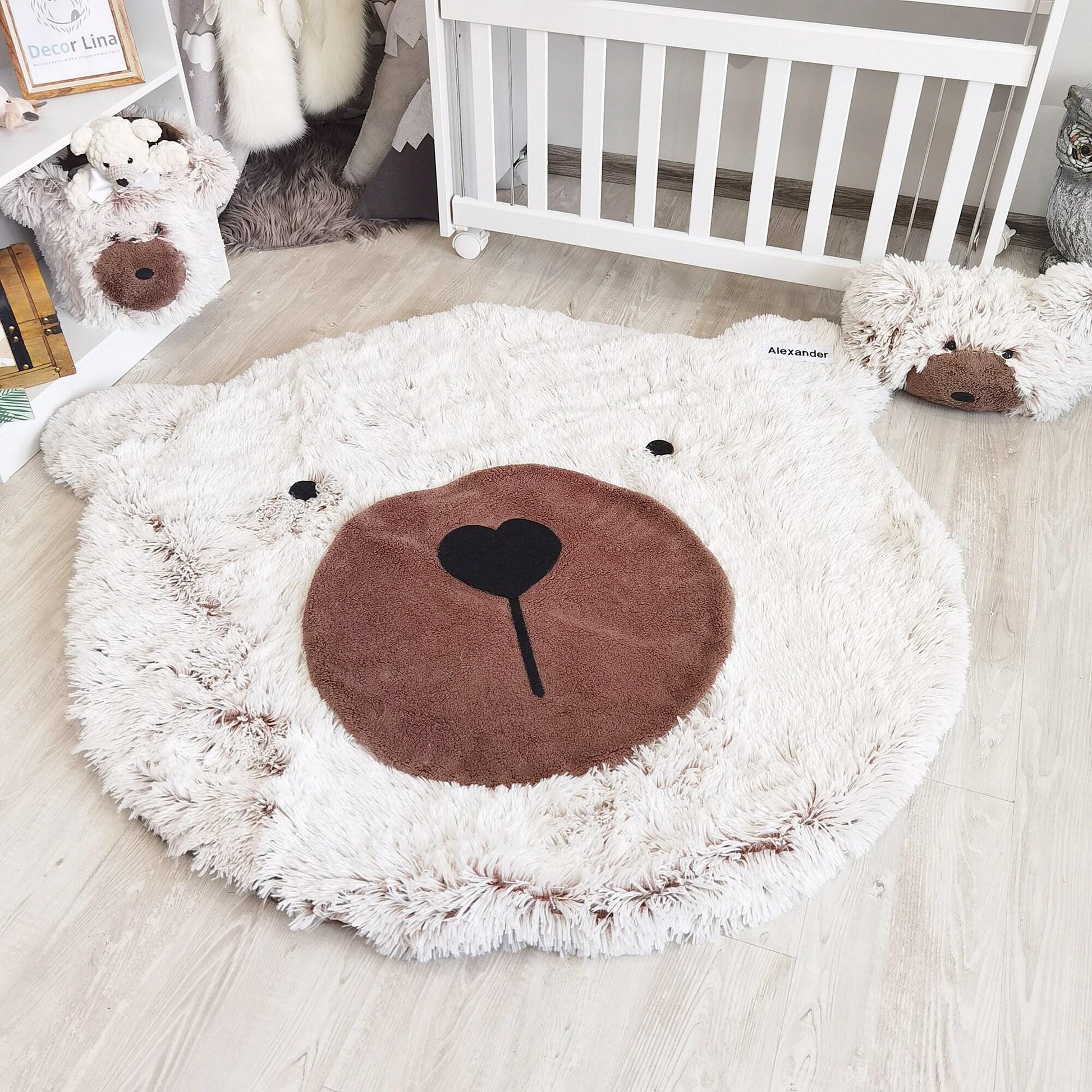 Personalized Fluffy Bear Rug: Cocoa/Snow Nursery Decor
